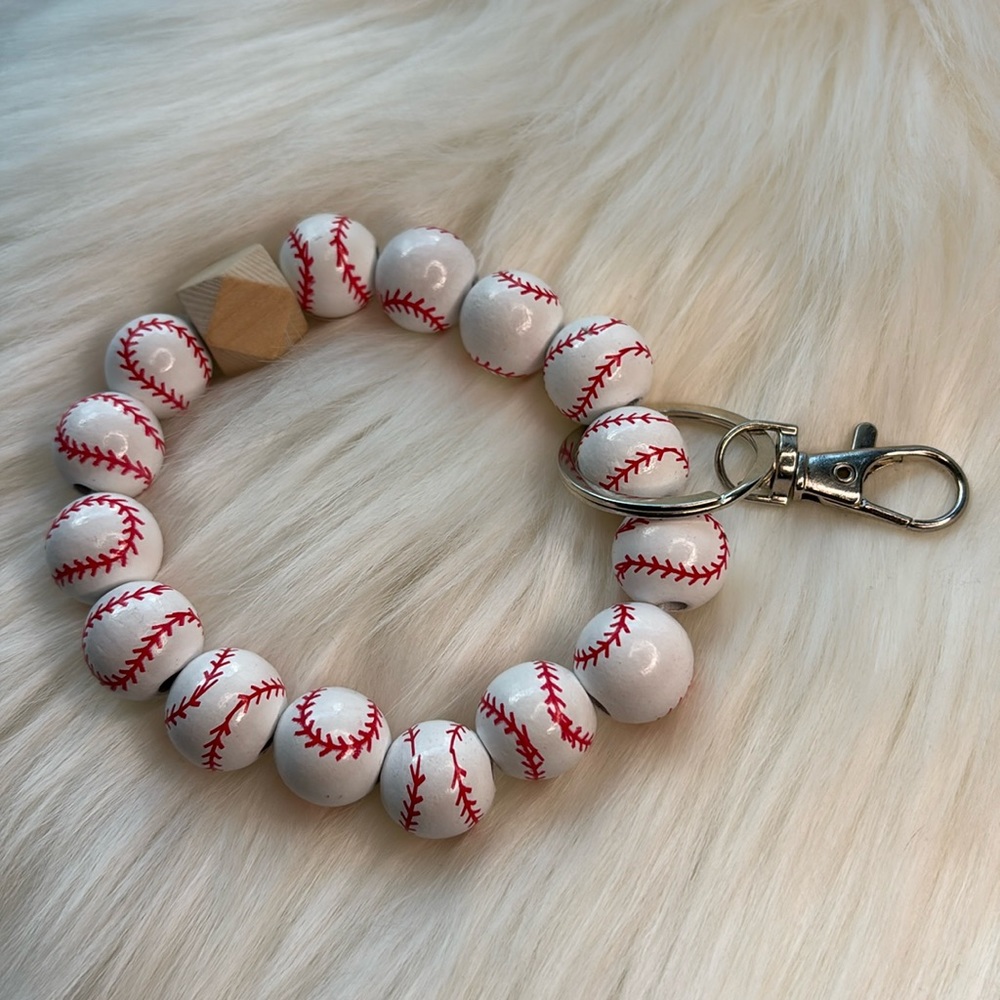 Wooden baseball wristlet keychain